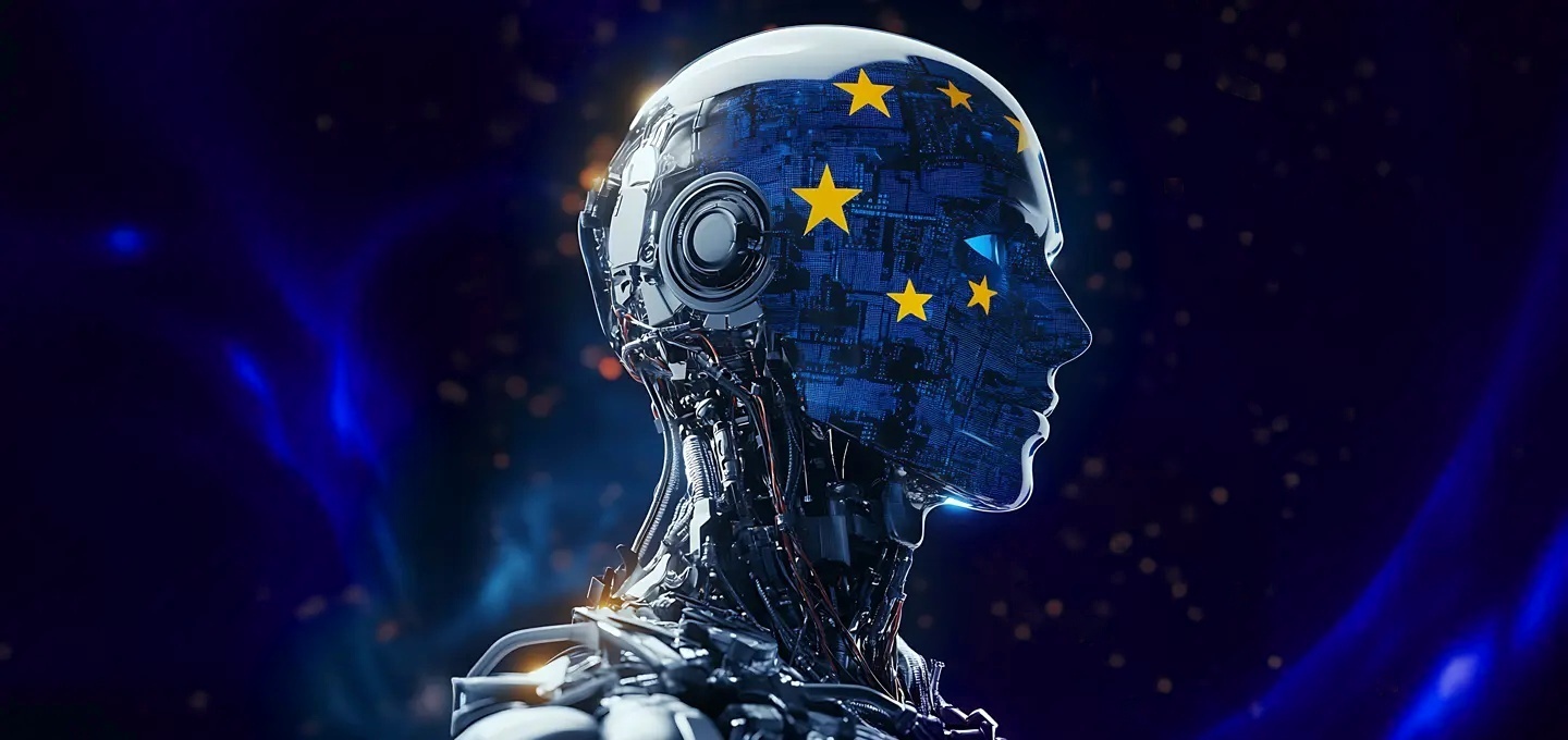Robot head in profile, transparent cranium revealing gold EU-flag stars over a blue circuit pattern