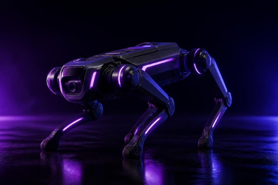 A quadruped robot with violet and blue neon accent lighting, crouched in a dark industrial space