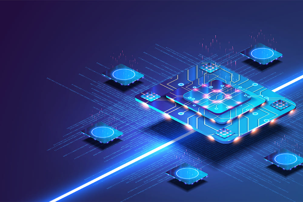 A glowing blue quantum processor chip on a digital circuit grid, linked to smaller satellite chips by streams of binary code